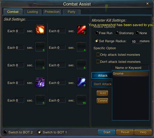 Combat tab of the Combat Assist window — skill slots and monster kill settings