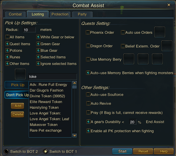 Looting tab — pick-up categories and quest order settings