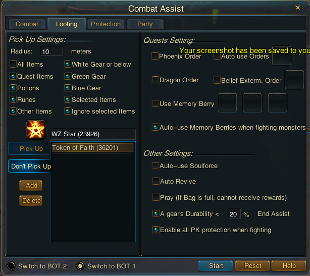 Looting tab — pick-up and ignore item lists